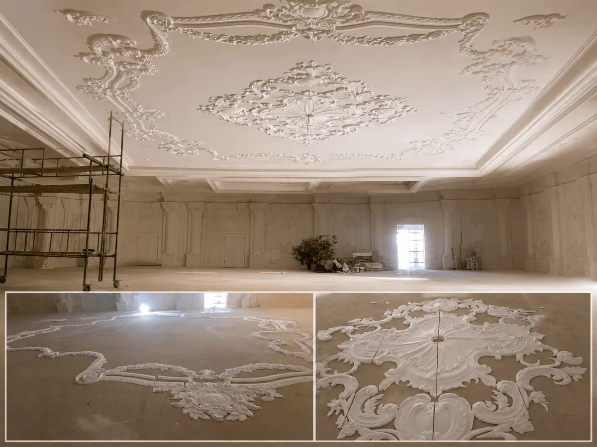 Large decorative ceiling elements in an event venue
