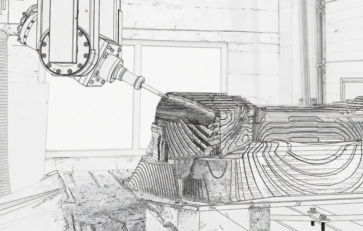 Retrofitted 5-axis CNC machine – technical illustration