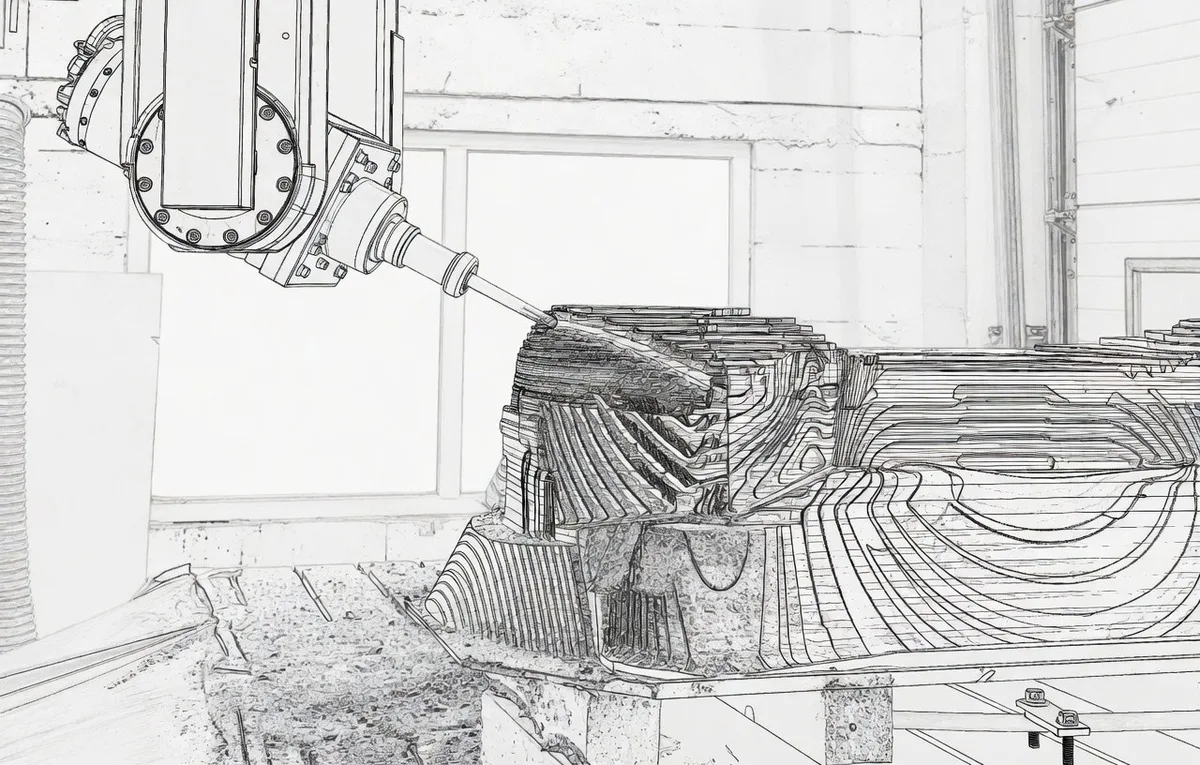 Retrofitted 5-axis CNC machine – technical illustration
