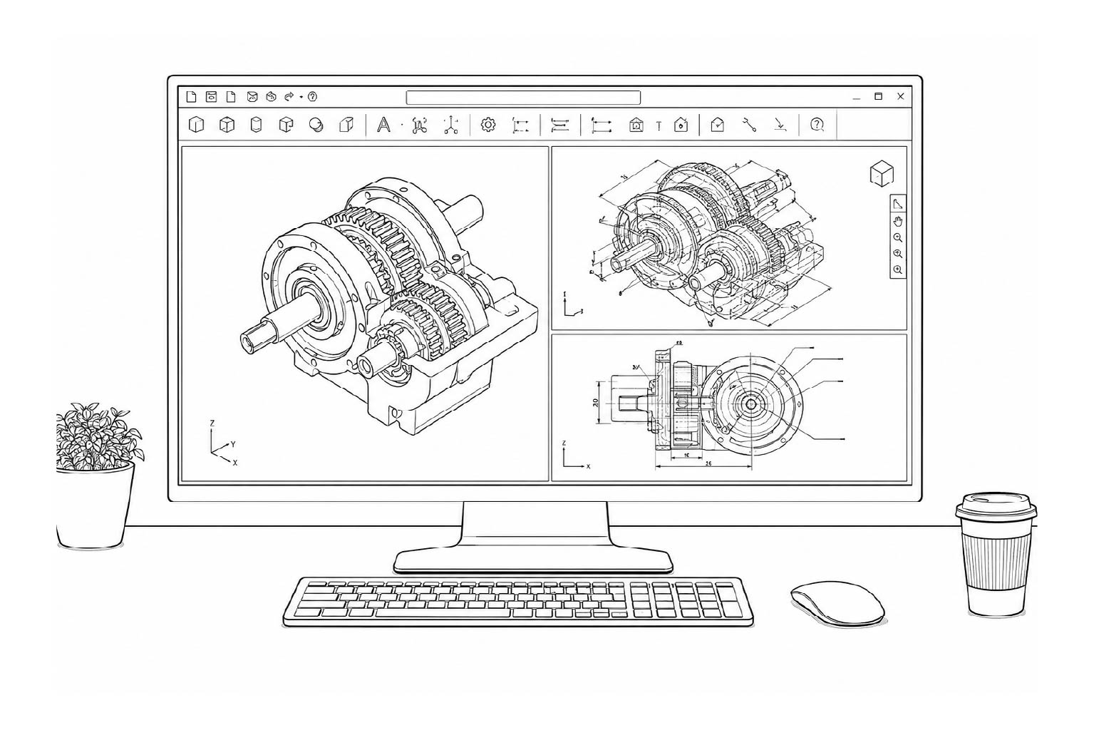 3D CAD design on screen with machined part