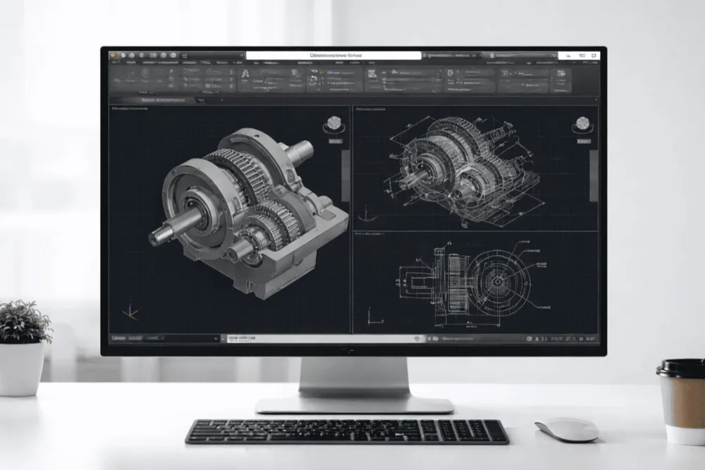 3D CAD design on screen with machined part