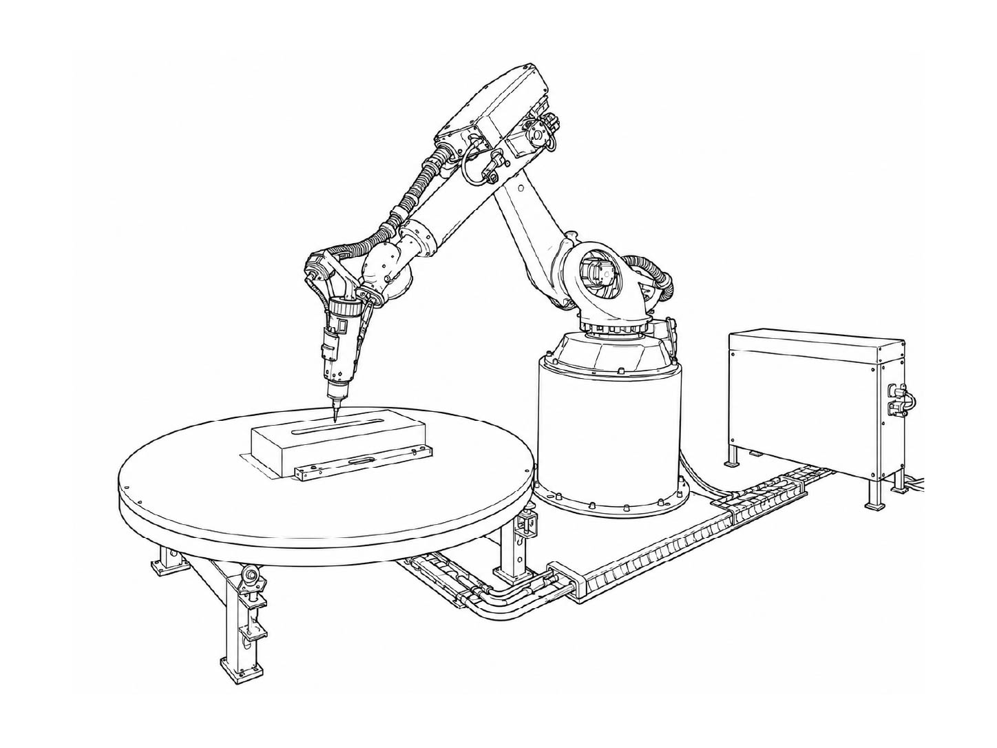 Industrial robot arm on a positioning table