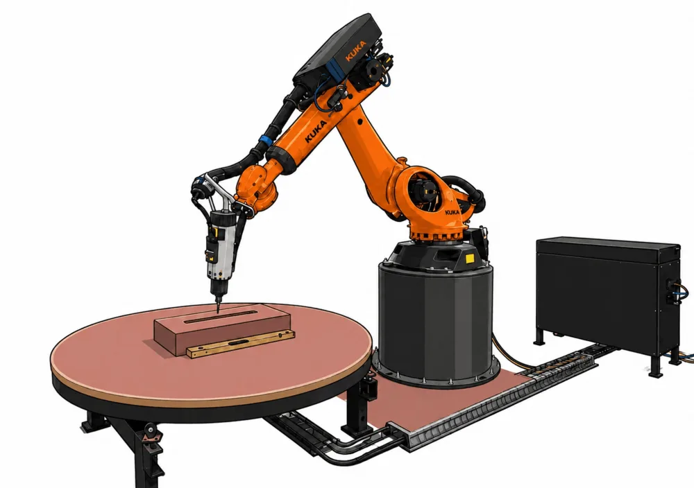 Industrial robot arm on a positioning table